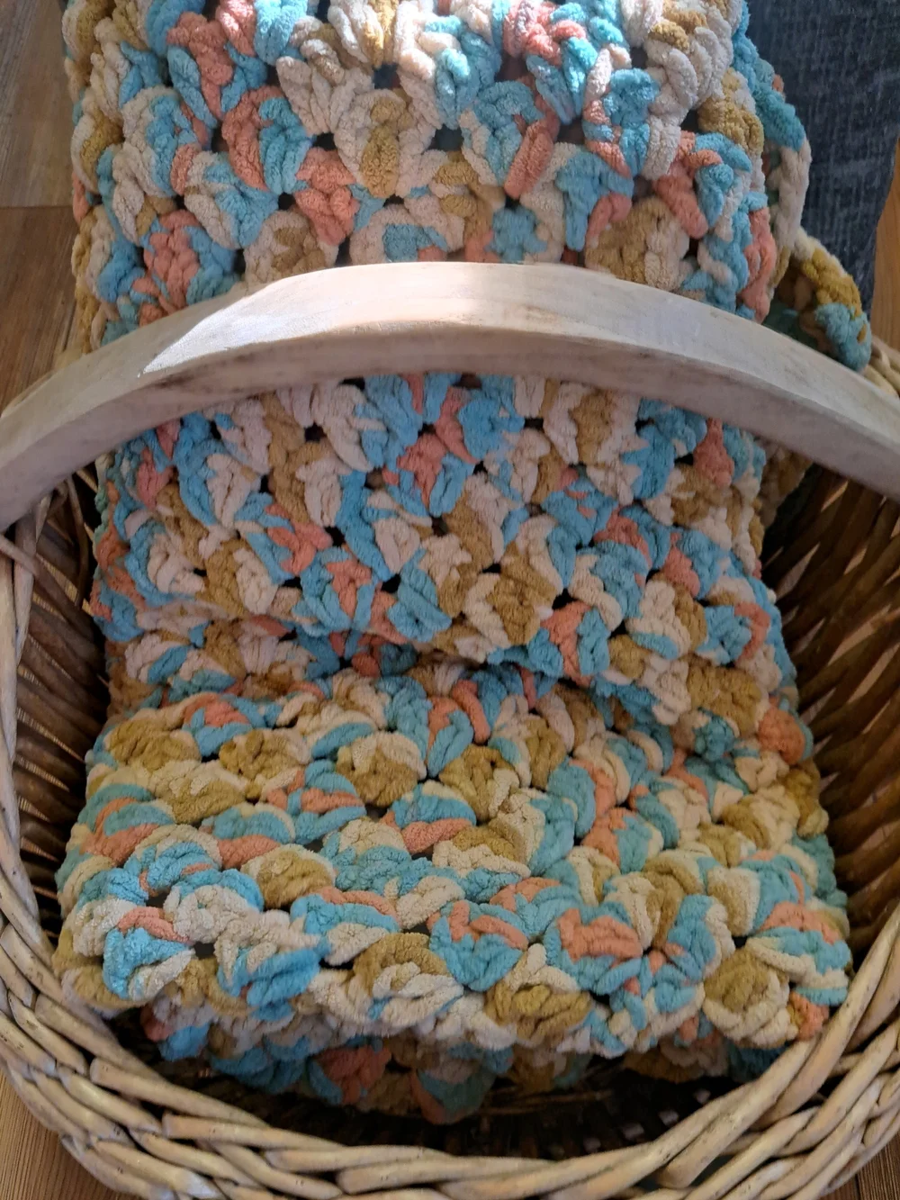 Boho Plush Crochet Throw Blanket in Blue, Coral & Cream (40